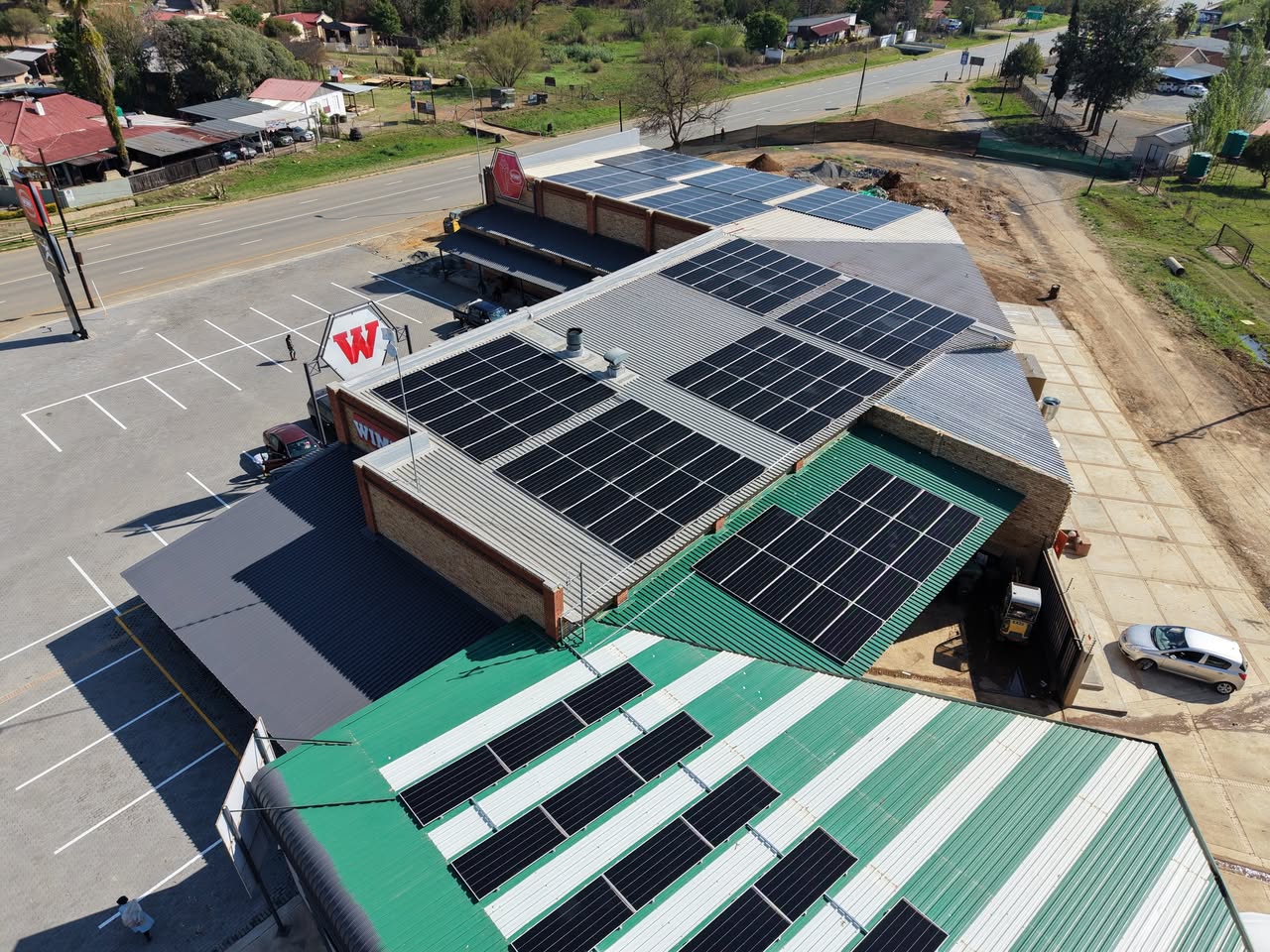 AIKO solar panels across the roofs of Swartruggens Shopping Complex
